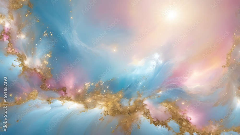 Fototapeta premium Ethereal celestial dreamscape with pink, blue clouds, and gold glitter ai