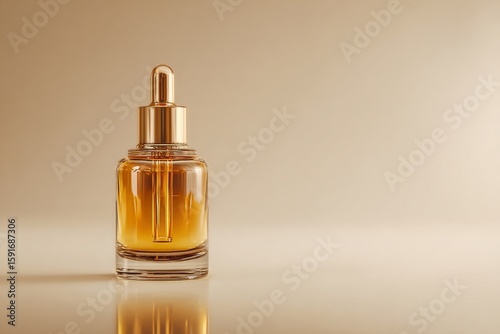 A golden serum bottle with a dropper, creating a luxurious beauty aesthetic.