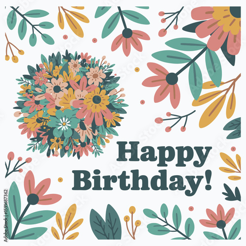Happy Birthday greeting with floral elements and text in dark teal greeting card flowers leaves