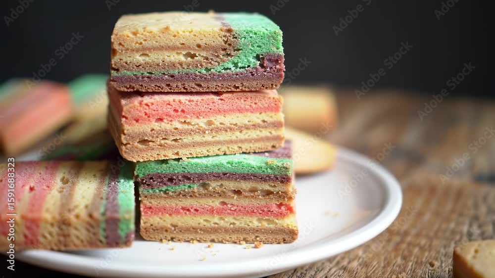 Colorful layered cookies stacked on a plate