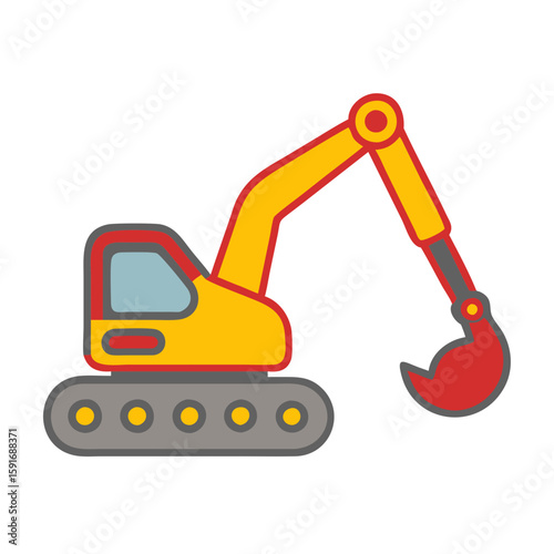 Excavator illustration with a red claw arm and yellow cabin  