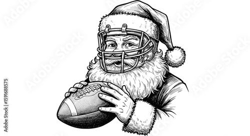 anta Claus in American football uniform with helmet and ball – hand-drawn black and white vector illustration
