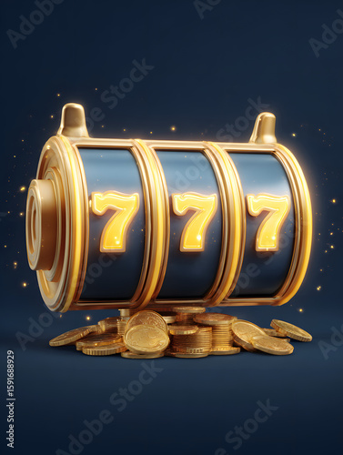 3d slot machine reel with three segments and a large golden number below in a luxurious gold and dark blue theme creating a rich vibrant casino aesthetic