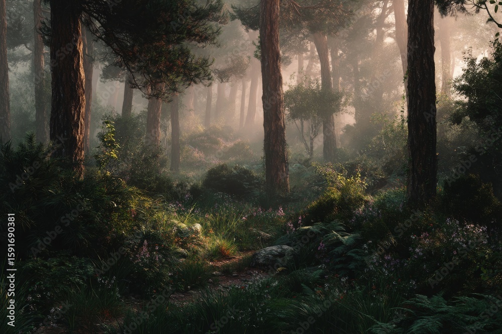 Fototapeta premium Sunlit forest path leading into misty woods, creating a beautiful scene of tranquility.