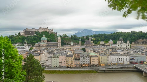 The city of Salzburg with the Salzach River and the Fortess Hochenzalzburg, Austria - Timelapse Video