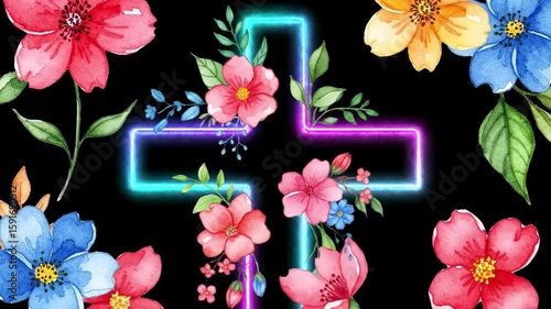 Neon cross design with floral watercolor art