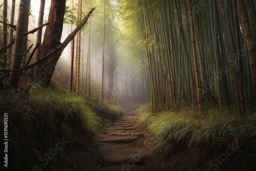 The tranquil bamboo forest path is shrouded in mist, inviting exploration.