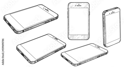 Engraving vintage ink sketch – Phone mockup with blank screen – hand-drawn black and white vector illustration