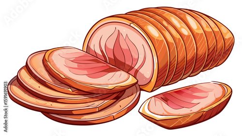 Smoked turkey breast, sliced thin with natural grain and pink edges, lies delicately on white background. Its lean profile and clean look work perfectly for healthy meat vector compositions.