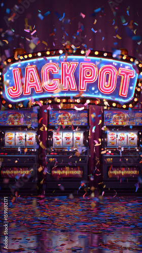  A festive banner announcing a jackpot win with animated confetti and brightly lit slot machines