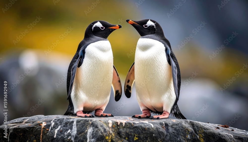 Fototapeta premium Two penguins facing each other on a rock
