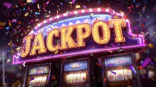  A festive banner announcing a jackpot win with animated confetti and brightly lit slot machines