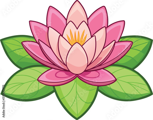 Serene pink lotus flower illustration with vibrant green leaves for floral beauty.