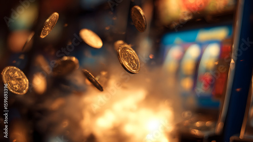 dynamic explosion of gold coins flying outward with a softly blurred slot machine in the background creating a vibrant casino win effect with motion blur