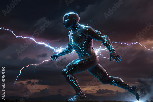 A human model tries to jump in mid-air. Lightning strikes with sparks.