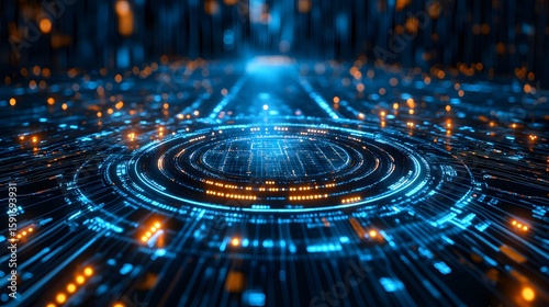 Futuristic digital technology abstract with glowing blue and orange circuitry circles and lines, representing innovation, data networks, connectivity