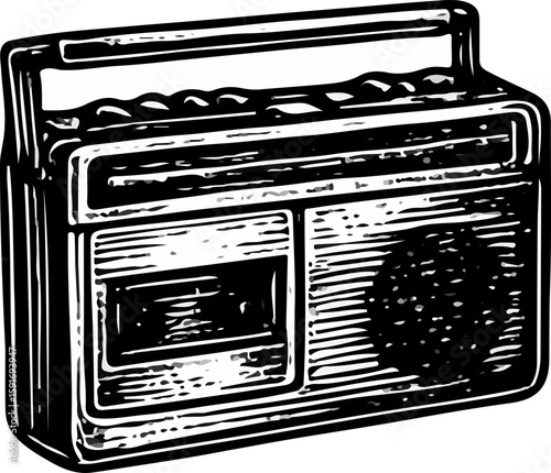 Retro monochrome illustration of a cassette recorder with tape reels and knobs, evoking audio nostalgia and analog storytelling