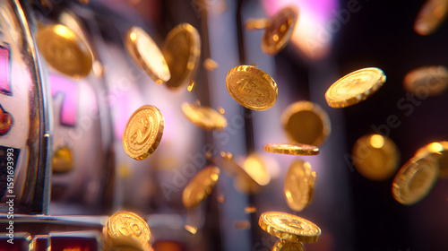 dynamic explosion of gold coins flying outward with a softly blurred slot machine in the background creating a vibrant casino win effect with motion blur