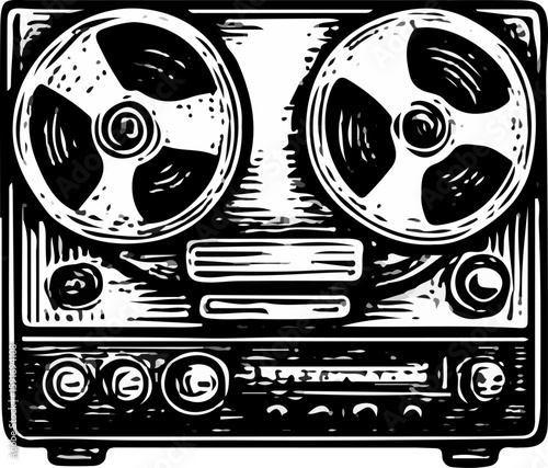 Retro sketch of a professional reel-to-reel tape recorder with dual spools and push-button controls—symbolizing analog sound mastery