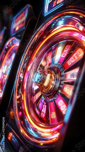 spinning slot machine wheels with sparkling light effects captured in vibrant motion surrounded by glittering trails and glowing casino energy