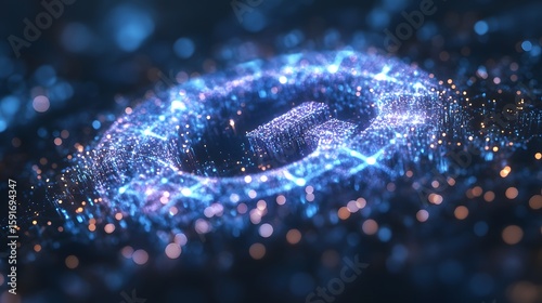 Futuristic digital data visualization with glowing blue and purple particles forming a complex wave pattern in a dark abstract background