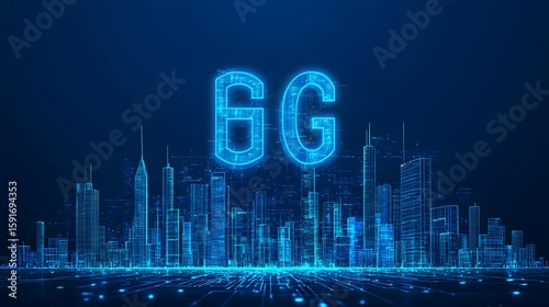Futuristic digital illustration of a city skyline with glowing blue grid patterns and large illuminated 6G letters representing next-generation wireless technology in a high-tech metropolis scene