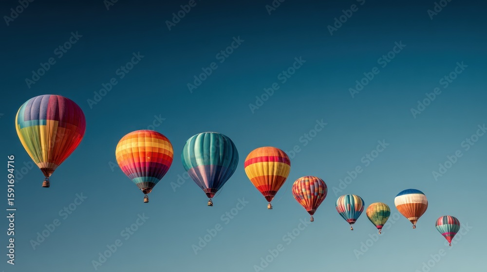 Fototapeta premium Colorful hot air balloons ascend in a diagonal line against a clear blue sky