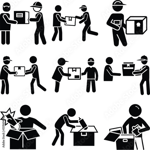 A vector collection of illustrated stick figures representing package delivery and handling operations