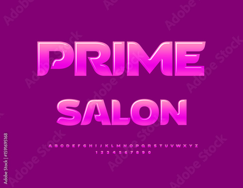 Vector Modern icon Prime Salon. Awesome Pink Font. Classy Glossy Alphabet Letters and Numbers set
