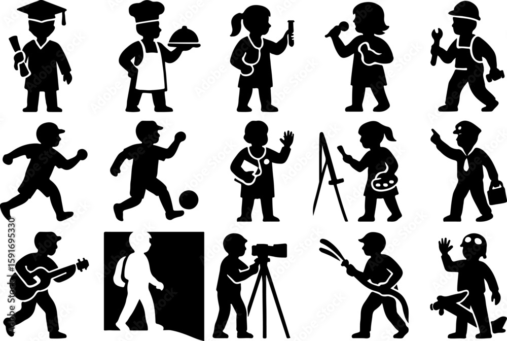 Obraz premium Silhouettes of 16 diverse professions and hobbies, including scientist, artist, athlete, gardener, and firefighter. Expresses career aspirations, creativity, and cultural representation in vector form