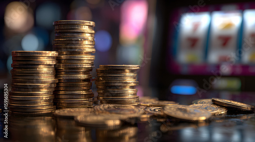 stack of gold coins piling up next to a slot machine with shiny coins spilling and stacking on a reflective casino floor in a vibrant winning scene