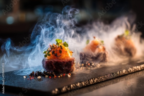 Delectable seared steak topped with flavorful roe and microgreens, all encircled by ethereal smoke