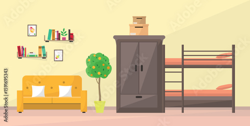 Interior with bunk bed, wardrobe, sofa and other items. Student or teenager room. Hostel.