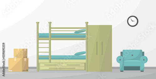 Interior with a bunk bed, armchair and boxes. Moving or moving in. Dormitory, hostel.