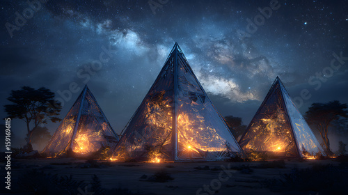 three mystical glowing pyramids set against a starlit sky radiating magical energy and cosmic light in a surreal night landscape with celestial atmosphere