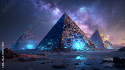 three mystical glowing pyramids set against a starlit sky radiating magical energy and cosmic light in a surreal night landscape with celestial atmosphere