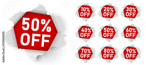 Paper explosion 10 Percent Off. Ripped paper. Mega Sale Banner. Vector illustration.