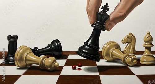 Artistic Interpretation of a Chess Match: A Hand Positioning the Black King for the Winning Move Over Several Fallen White Chess Figures on a Brown and White Chessboard