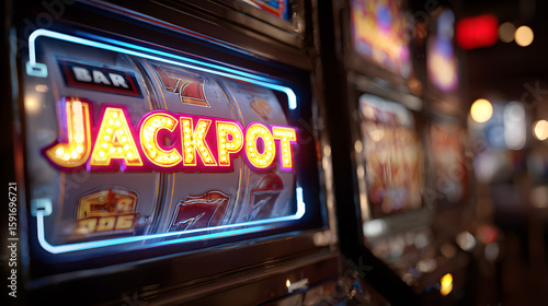  A festive banner announcing a jackpot win with animated confetti and brightly lit slot machines