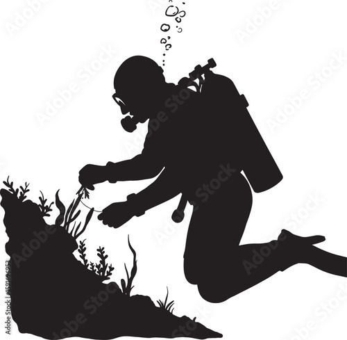 A scuba diver examining coral reef with bubbles vector silhouette trending on Adobe Stock and microstock marketplaces