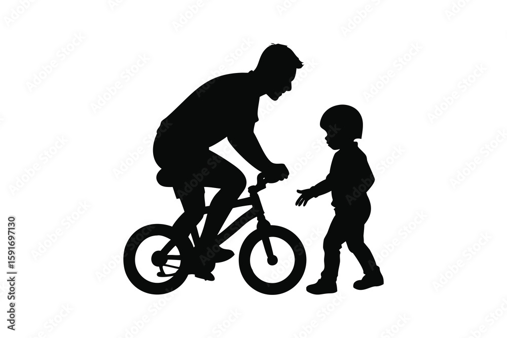 Fototapeta premium Father teaching his child to ride a bicycle a heartwarming moment captured in a simple yet striking silhouette style showcasing family bonding and learning silhouette