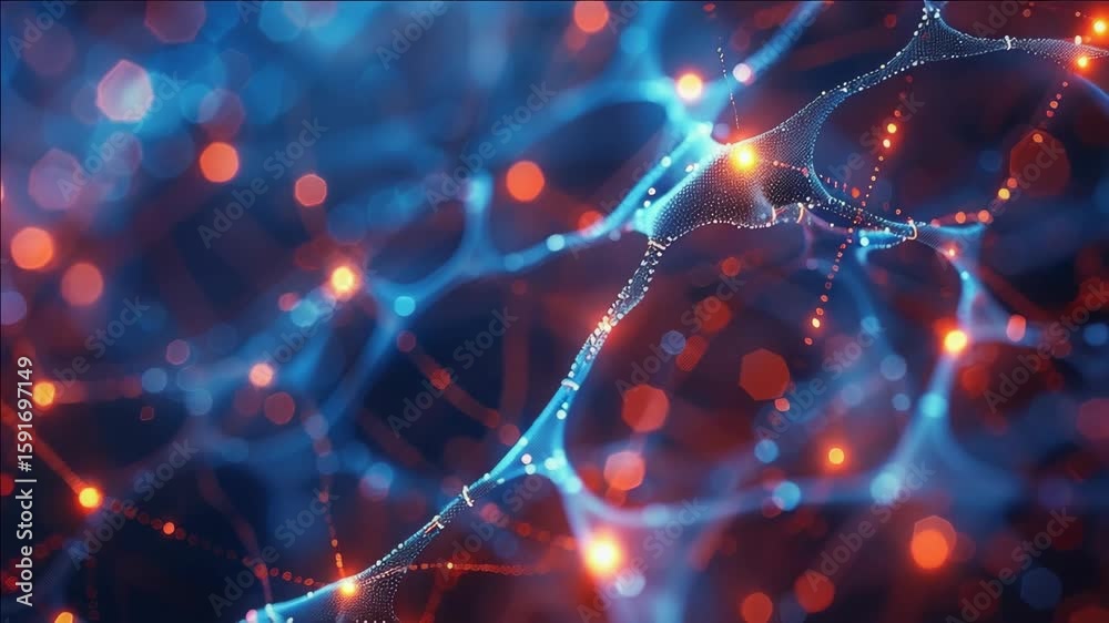 Red and blue neural network light structures illustrating brain connectivity and cellular circuitry.