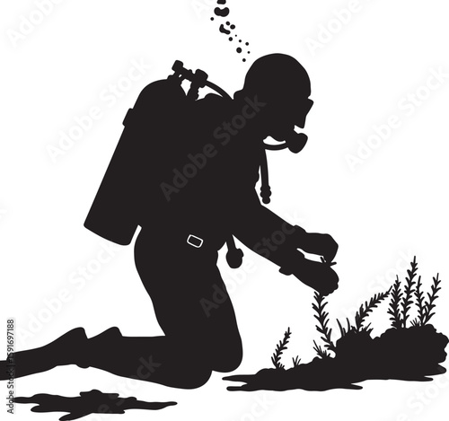 A trending scuba diver on one knee exploring underwater plants vector silhouette for Adobe Stock and microstock marketplaces