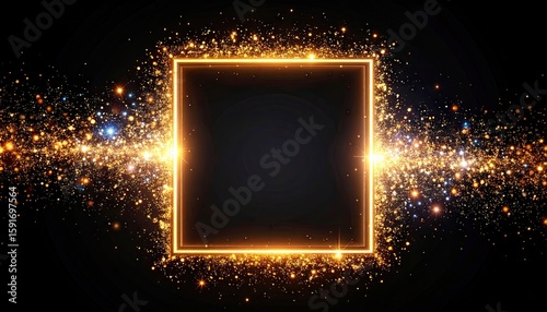 Gold frame with sparkling particles on a black background