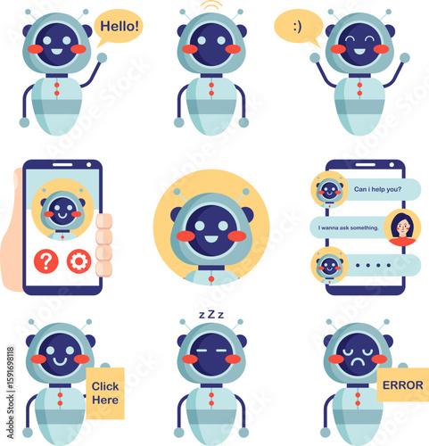 Engaging Chatbot Vector Icons Help Desk, Support, Automation, and User Experience