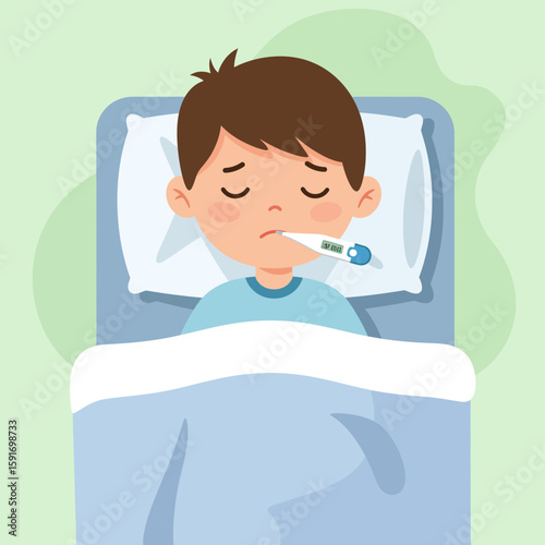 illustration of child sick with thermometer