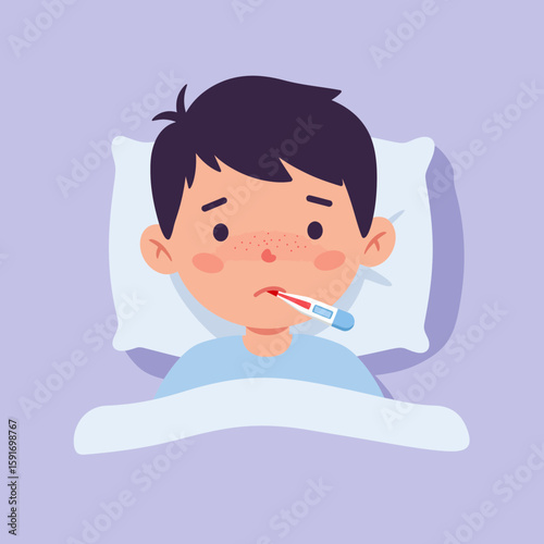 Feverish little boy lying in bed with thermometer in mouth, 2D flat icon style.