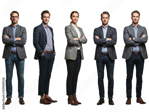 Five professional business people standing together in smart casual attire isolated on transparent background