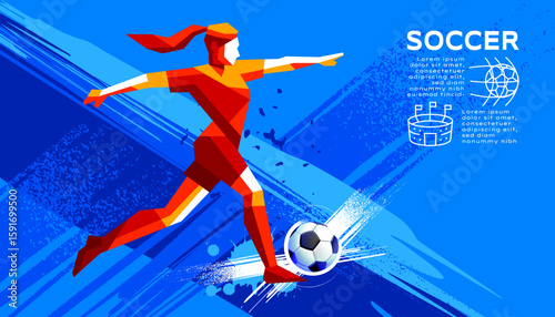 Geometric Vector of Female Soccer Player in Action with Abstract Brush Background – Minimalist Sports Illustration