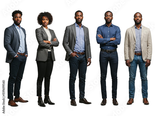 Five diverse business professionals standing confidently together in smart casual attire isolated on transparent background